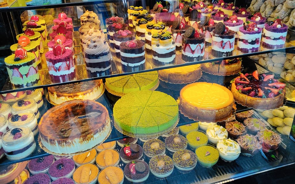 Delicious temptations of the cafe window in Kuzguncuk on the Asian side of Istanbul.