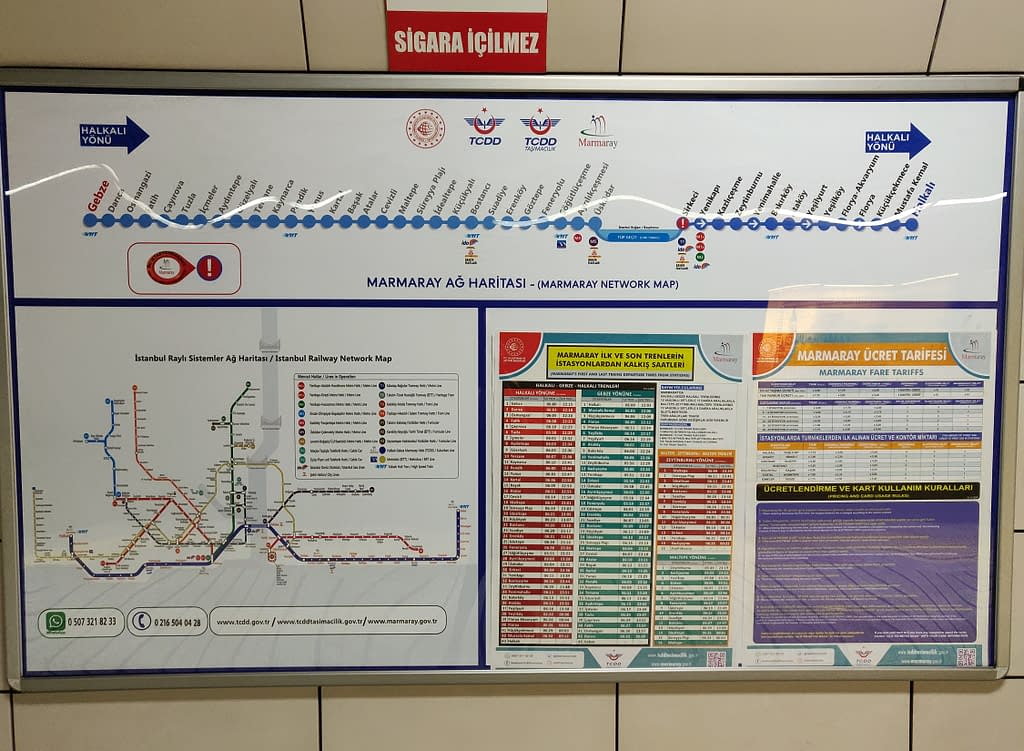 Marmaray commuter train information boards at Sirkeci station on the European side.