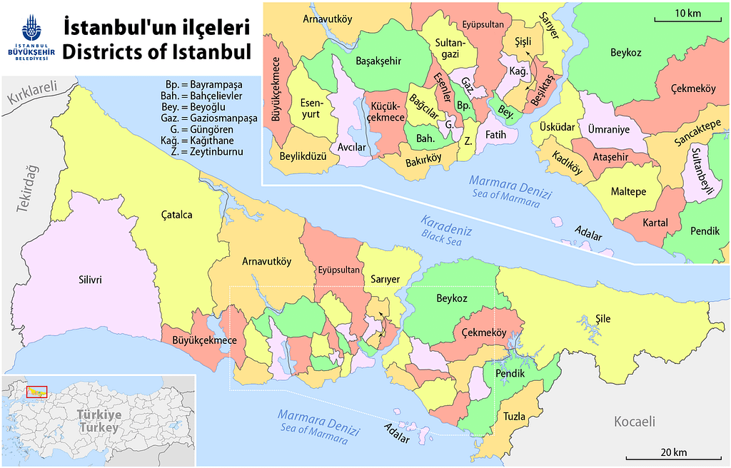 Istanbulin kaupunginosat -kartta.