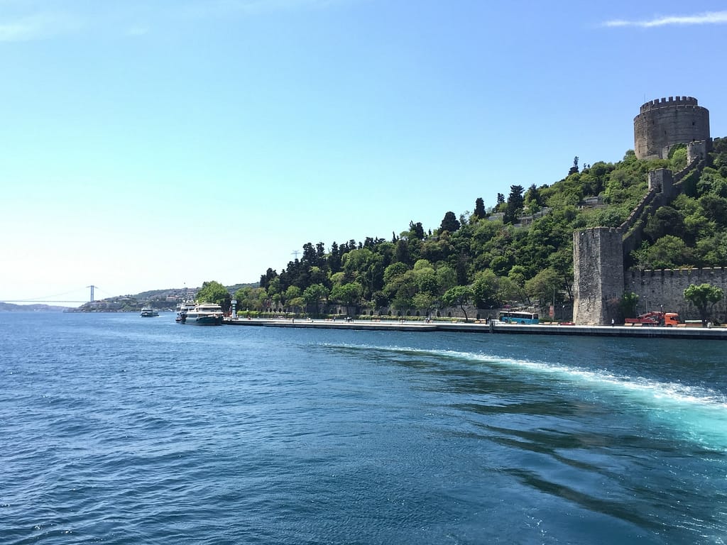 Approaching the second bridge, we see the historic and magnificent Rumeli Hisarı, a medieval Ottoman fortress located in the Sarıyer district in Istanbul.