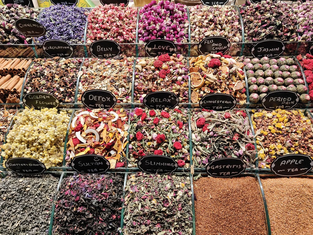 The tea selection of the bazaar in Istanbul.