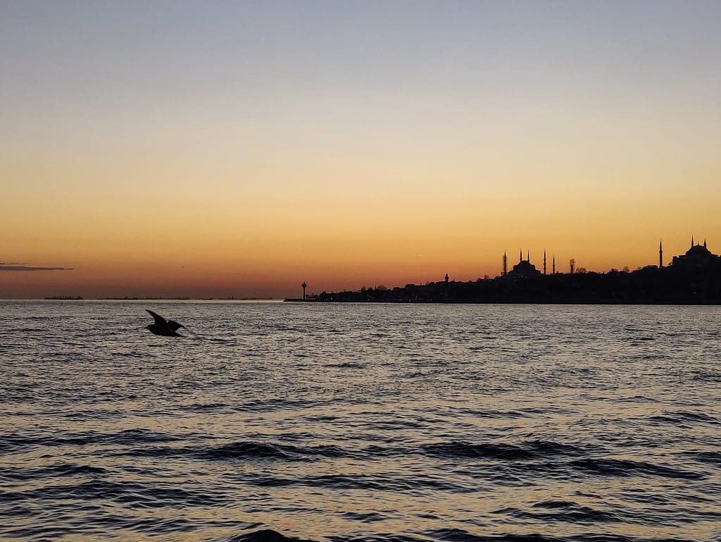 Sinisen moskeijan (Sultanahmet Camii) ja Hagia Sofian (Ayasofya) silhuetit sekä auringonlasku Bosporinsalmen risteilyllämme Istanbulissa.