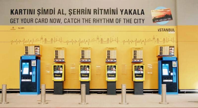 Istanbul-kortti (İstanbulkart) ja lippiautomaatteja Istanbulissa.