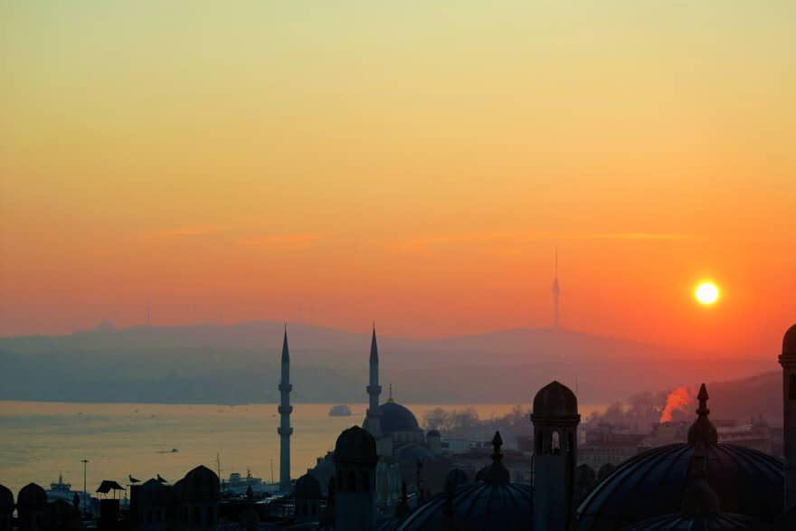 Orange sunset over the silhouette of Istanbul